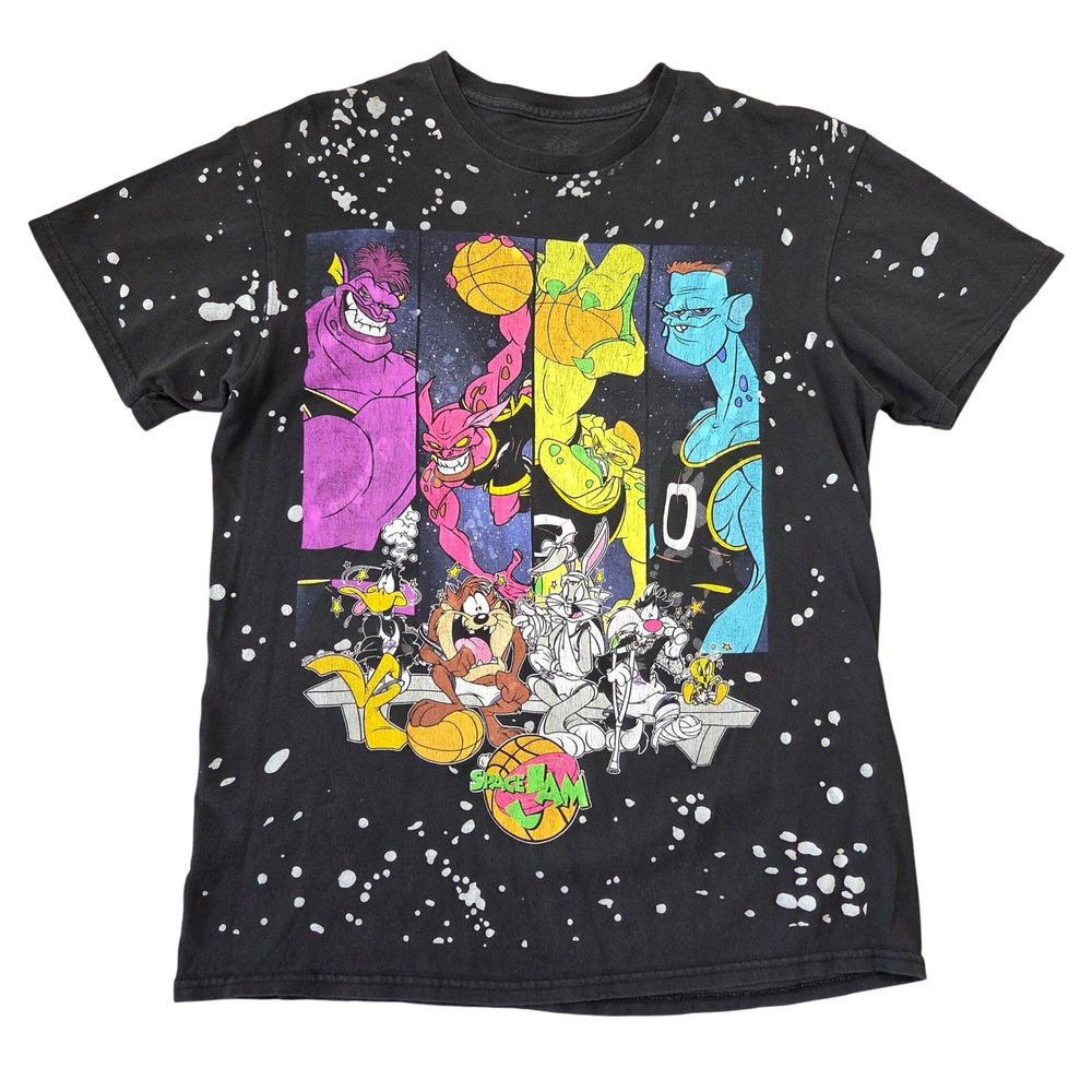 Space Jam Mens M Black Graphic T-Shirt Monstars Tune Squad Splatter Print Cotton